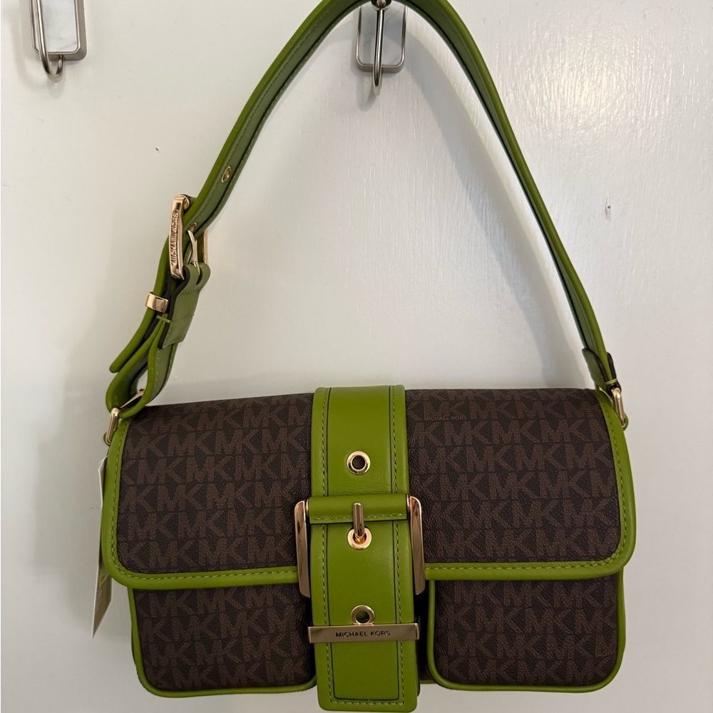 NWT Michael Kors Green and Brown Colby Medium Shoulder Bag